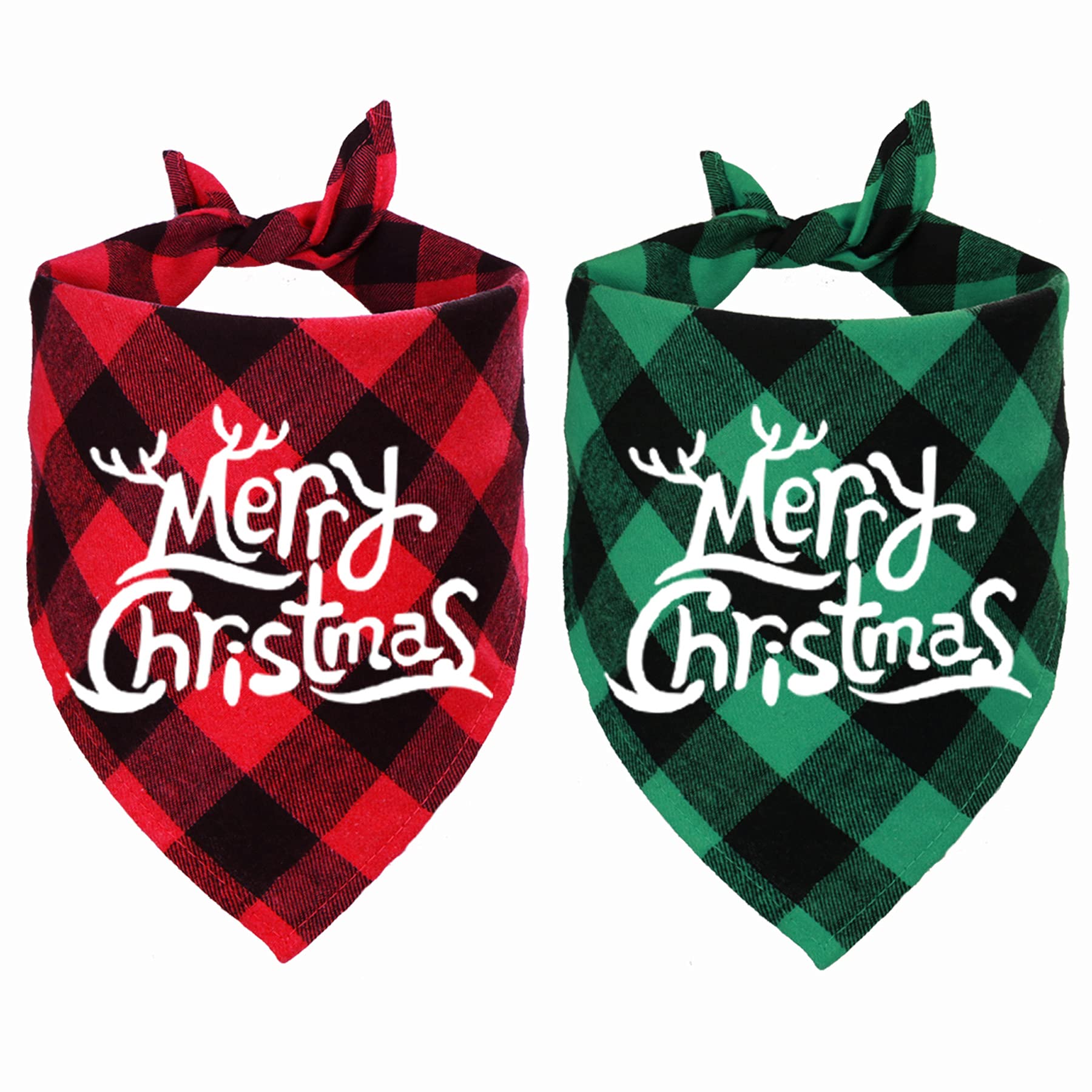 STMK 2 Pack Plaid Dog Bandanas, Merry Christmas Plaid Dog Bandanas for Large Medium Dogs (Red & Green, Merry Christmas)