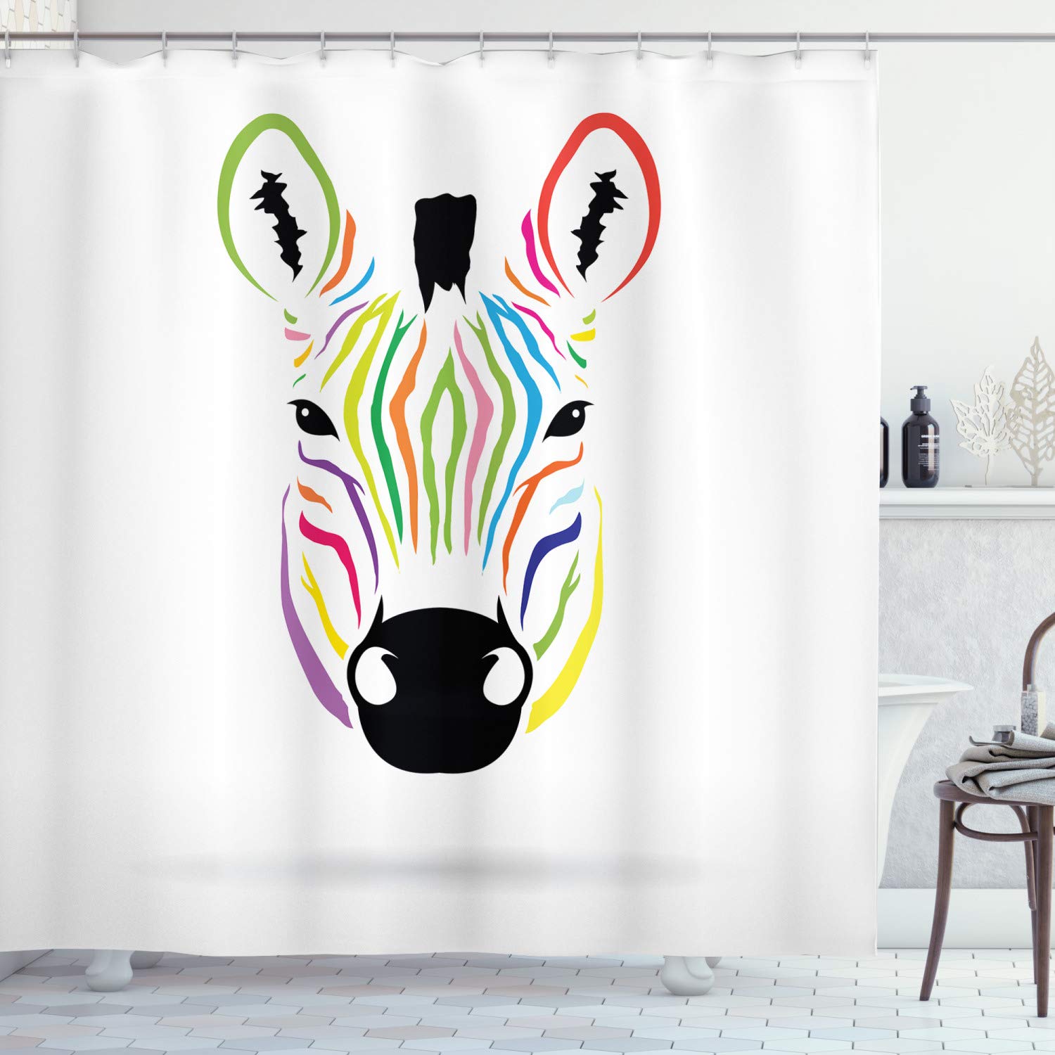 ABAKUHAUS Cartoon Shower Curtain, Colorful Exotic Zebra Head and Funny Animal Abstract Artwork Print, Cloth Fabric Bathroom Decor Set with Hooks, 175 x 180 cm, White Multicolor