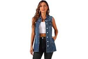 Allegra K Women's Casual Button Down Sleeveless Mid Long Denim Jean Vest Waistcoat Jacket