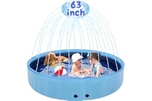 EOOQI 63" Large Dog Pool with Sprinkler, 2-in-1 Foldable Swimming Pool Non-Slip Hard Plastic Splash Sprinkler Kiddie Pool for Outdoor Backyard Kids Dogs Ducks and Pet Baths