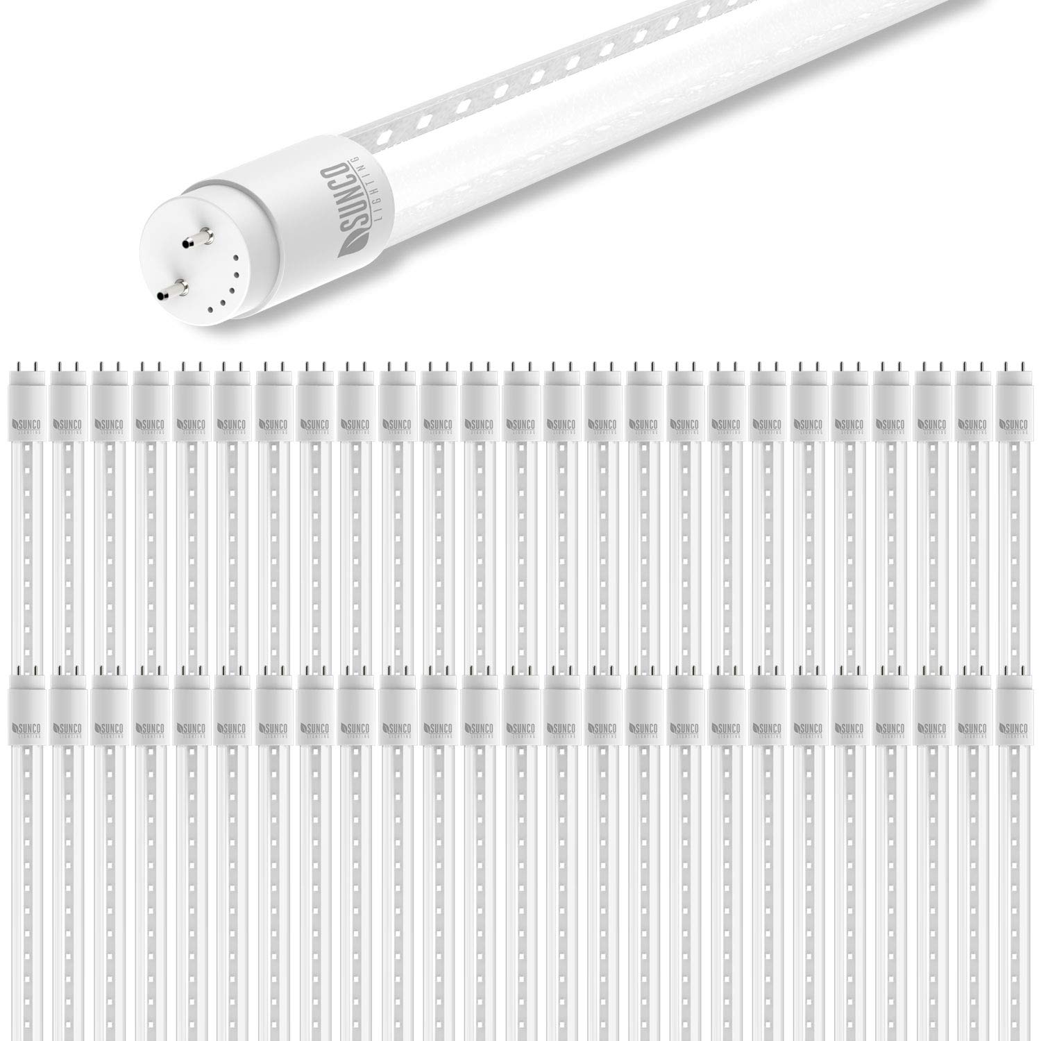 Sunco Lighting 50 Pack 4FT T8 LED Tube, 18W=40W Fluorescent, Clear Cover, 5000K Daylight, Single Ended Power, Ballast Bypass, Commercial Grade - UL