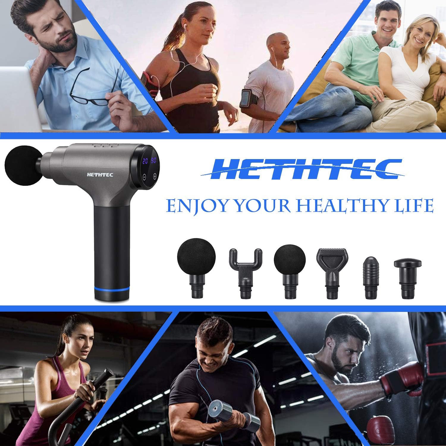 Hethtec Massage Gun, Handheld Muscle Massager for Pain Relief, 20 Speed, Includes 6 Massage Heads and Carrying Case: Health & Personal Care