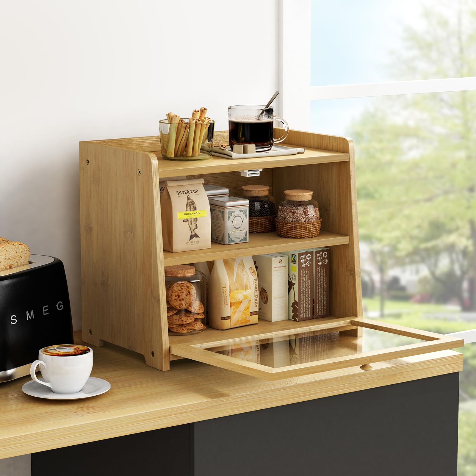 Goozii Bamboo Bread Box for Kitchen Countertop, Wooden Kitchen Counter Organizers and Storage for Bread, Coffee, Spices, Snacks, Wood Vintage Breadbox Container for Cabinet, Bedroom, Bathroom