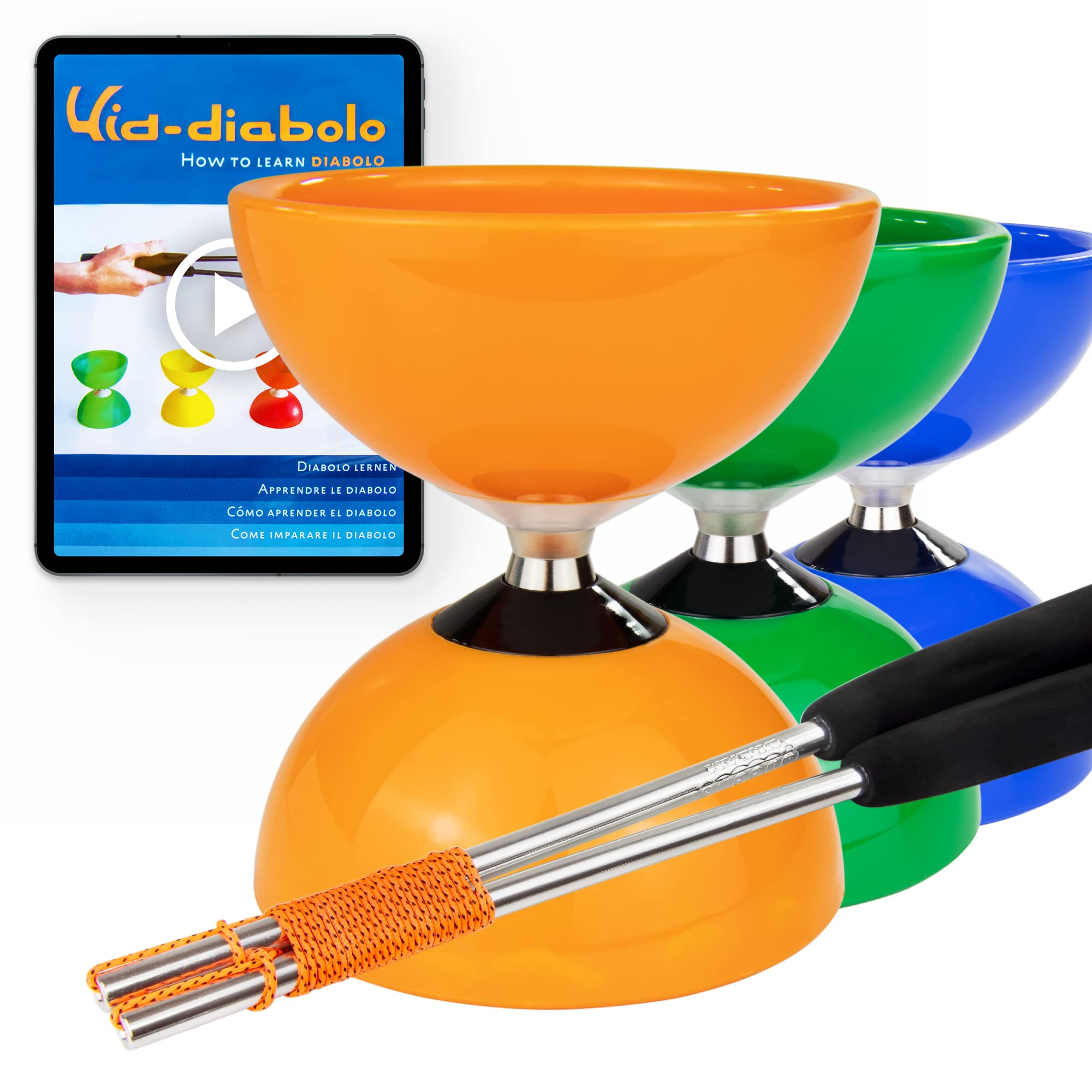 Juggle Dream Carousel Diabolo Juggling Set - Triple Ball Bearing Axle - with Aluminium Handsticks and Online Learning Video - Juggling (Orange)