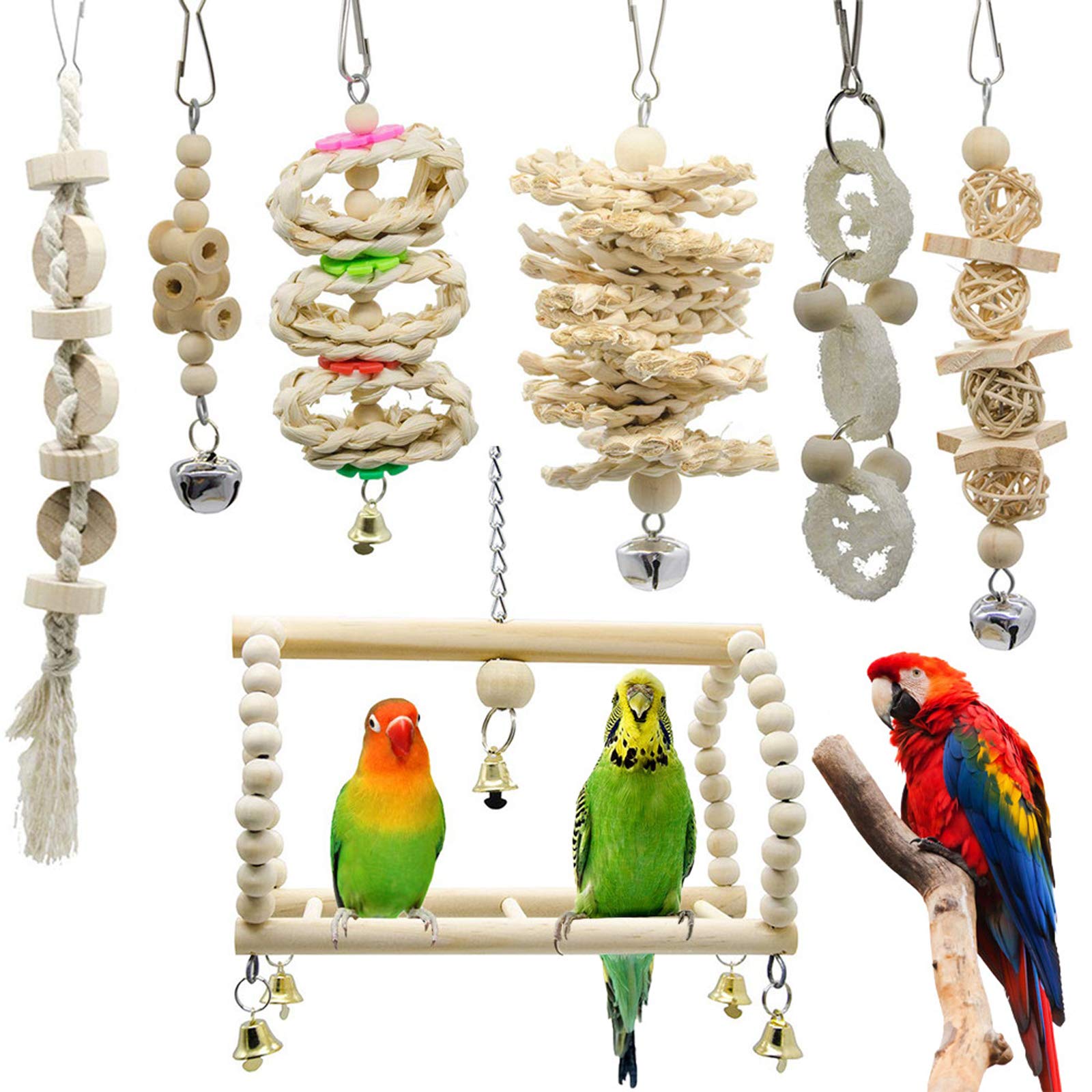 Scoolr Bird Chewing Toys, 7Pieces Parrot Swing Toys Bird Cage Toys for Small Parakeets Cockatiels Conures Finches Budgie Macaws Parrots Love Birds