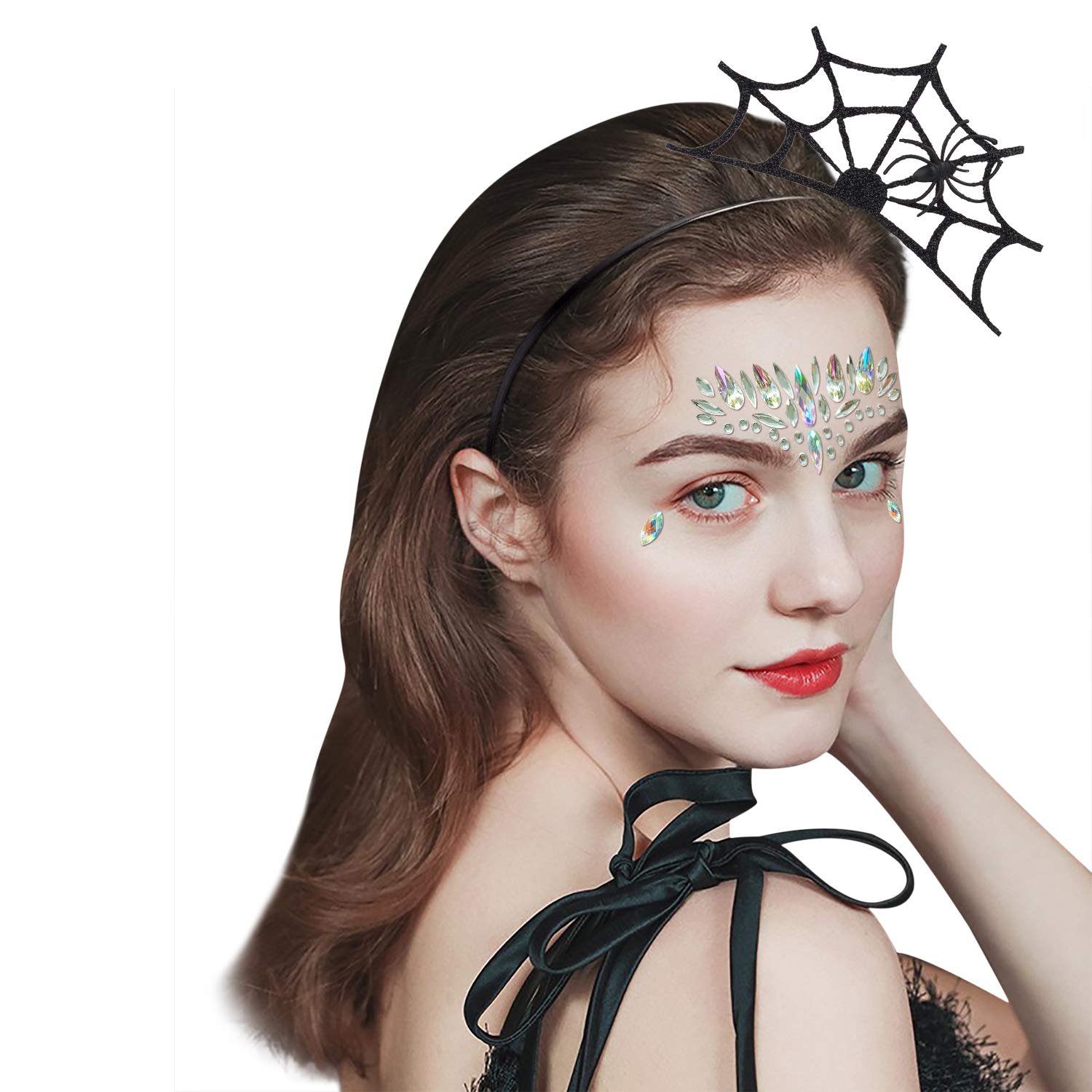 Aniwon 2PCS Halloween Spider Web Headband+2 PCS Rhinestone Face Jewels, Spider Headband Halloween Party Headband Hair Hoop with Mermaid Face Gems Glitter for Women Halloween Cosplay Party Costume
