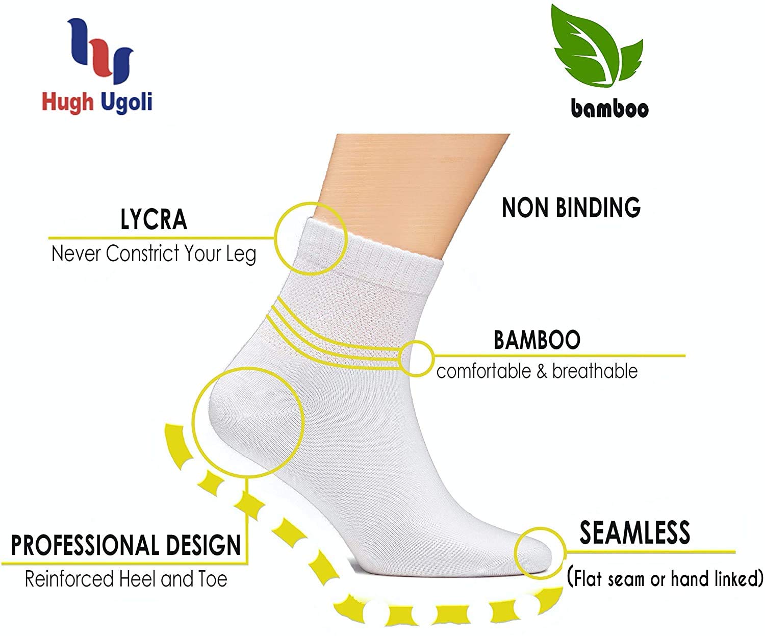 Hugh Ugoli Diabetic Socks for Men, Loose Ankle Socks, Bamboo, Extra-Wide, Thin, Seamless Toe, Non-Binding Top, 4 or 8 Pairs