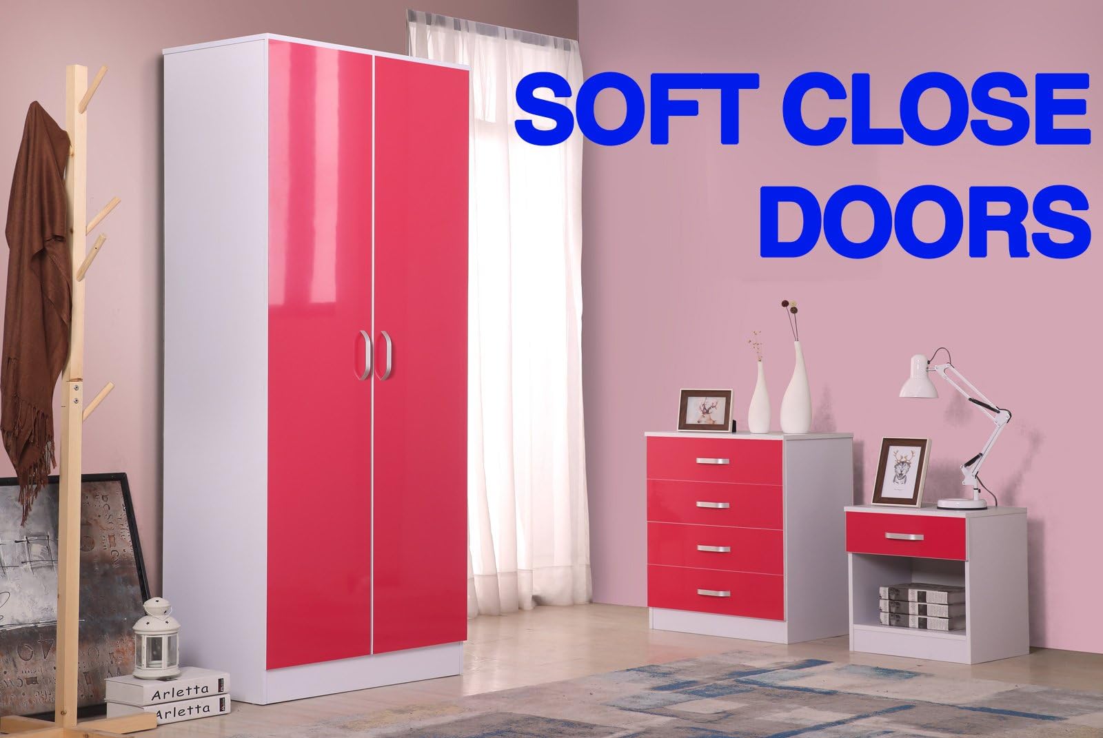 Fairpak Gladini High Gloss 3 Piece Bedroom Furniture Set - Includes Wardrobe, 4 Drawer Chest, Bedside Cabinet (Pink/White)