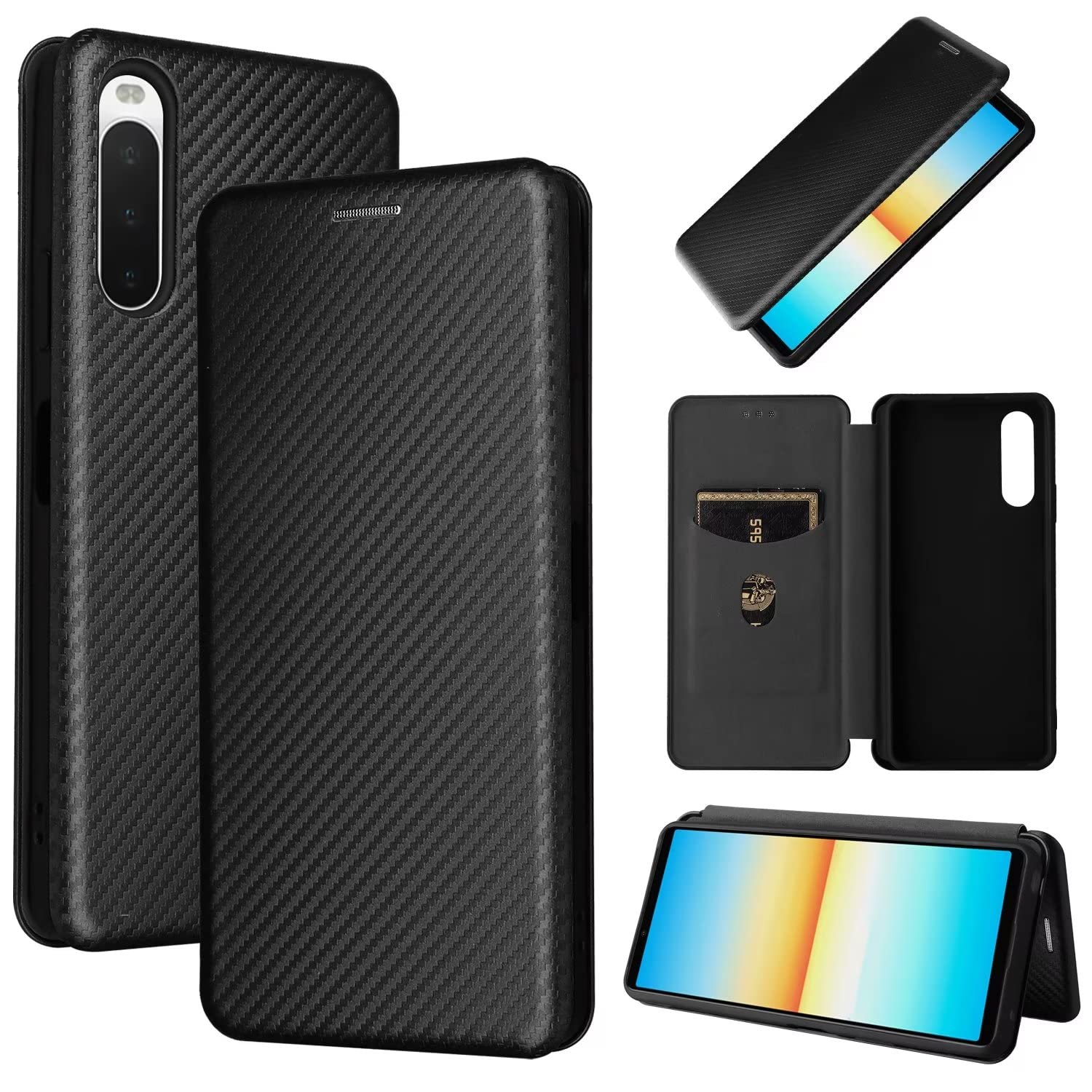ESONG Carbon Fibre Phone Case for Sony Xperia 10 IV,with Magnetic Closure and ID Card Holder Slot case,Scratch-Resistant Carbon Fibre PC + Shockproof TPU + Free Stand - Black