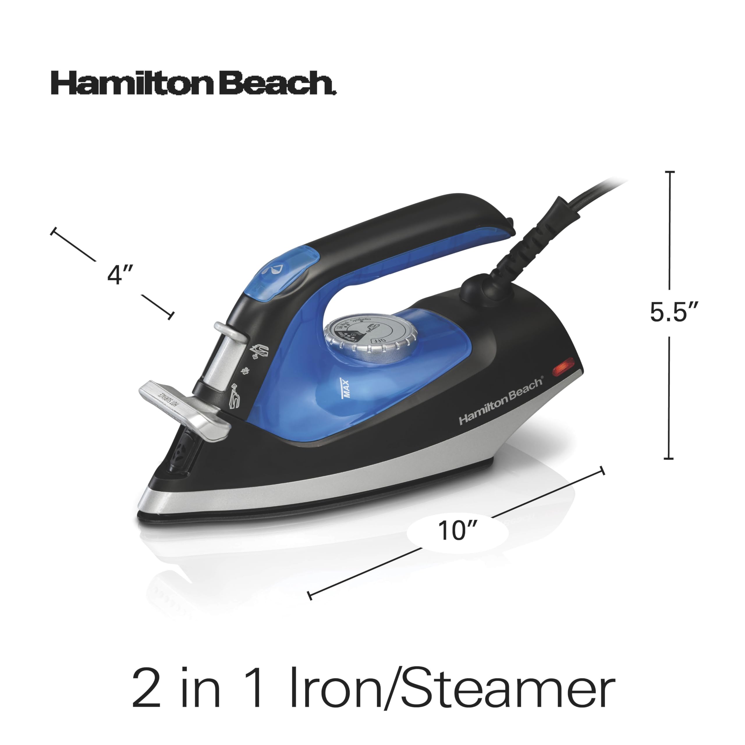 Hamilton Beach 2-in-1 Steam Iron for Clothes and Garment Steamer with 5 Temperature Settings, Nonstick Soleplate, 1200 Watts, 8’ Cord, Black & Blue (14525F)