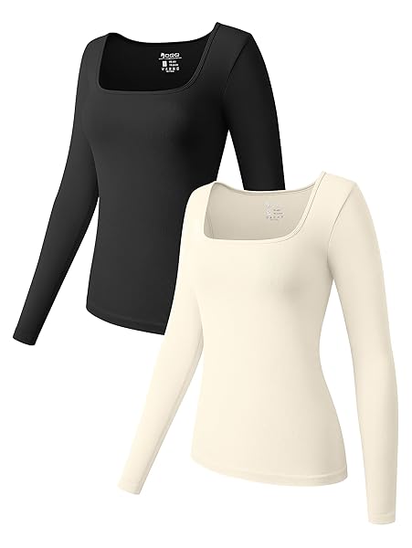 OQQ WOMEN’S 2 PIECE SHIRT LONG SLEEVE SQUARE NECK STRETCH FITTED UNDERSCRUBS LAYER, BLACK,BEIGE, SMALL