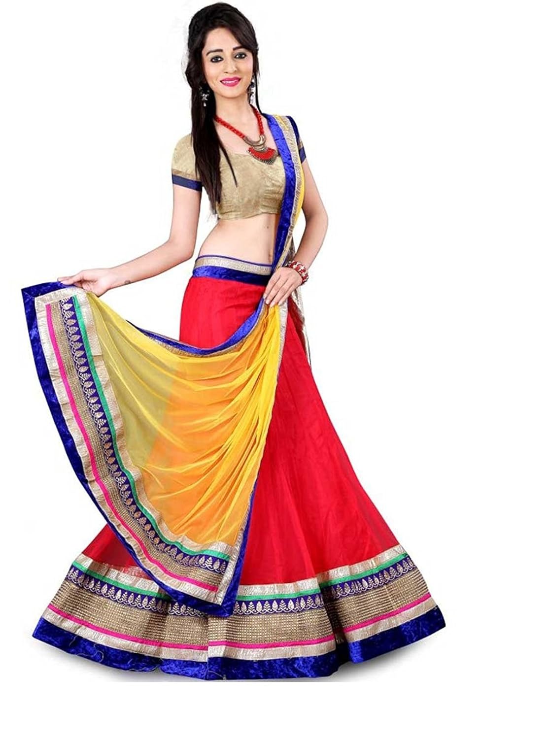 m&m world. women's velvet & net lehanga choli (01-lh-ked-red _multi-coloured_ free size)