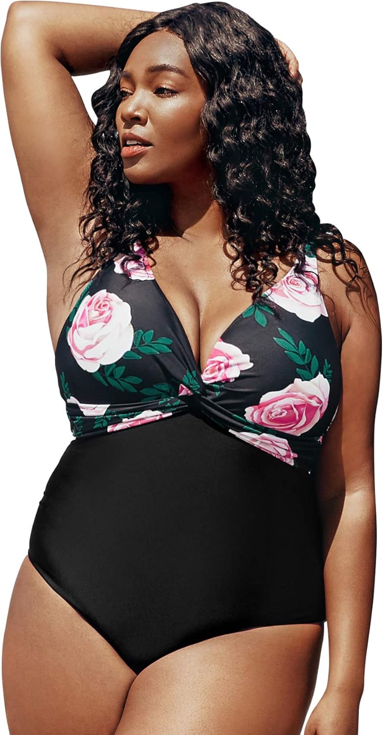CUPSHE Women's Floral Twist V Neck Plus Size One Piece Swimsuit at Amazon Womenâs Clothing store