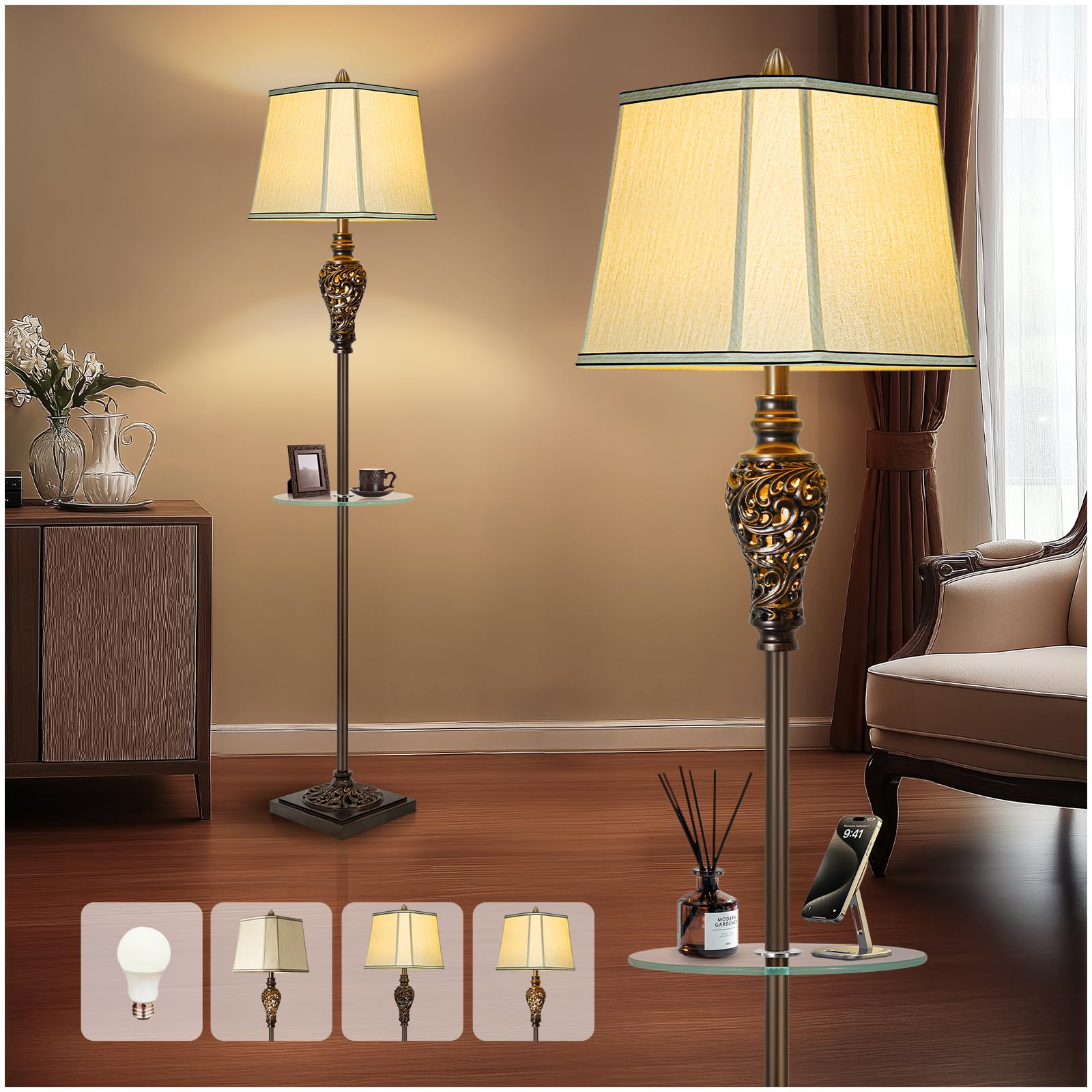 Photo 1 of Rustic Floor Lamp for Living Room with Nightlight and Glass Tray, Vintage Standing Lamp with Beige Faux Silk Shade, Farmhouse Tall Lamp for Bedroom Study Home Office Hotel Bar - Brown (Bulb Included)