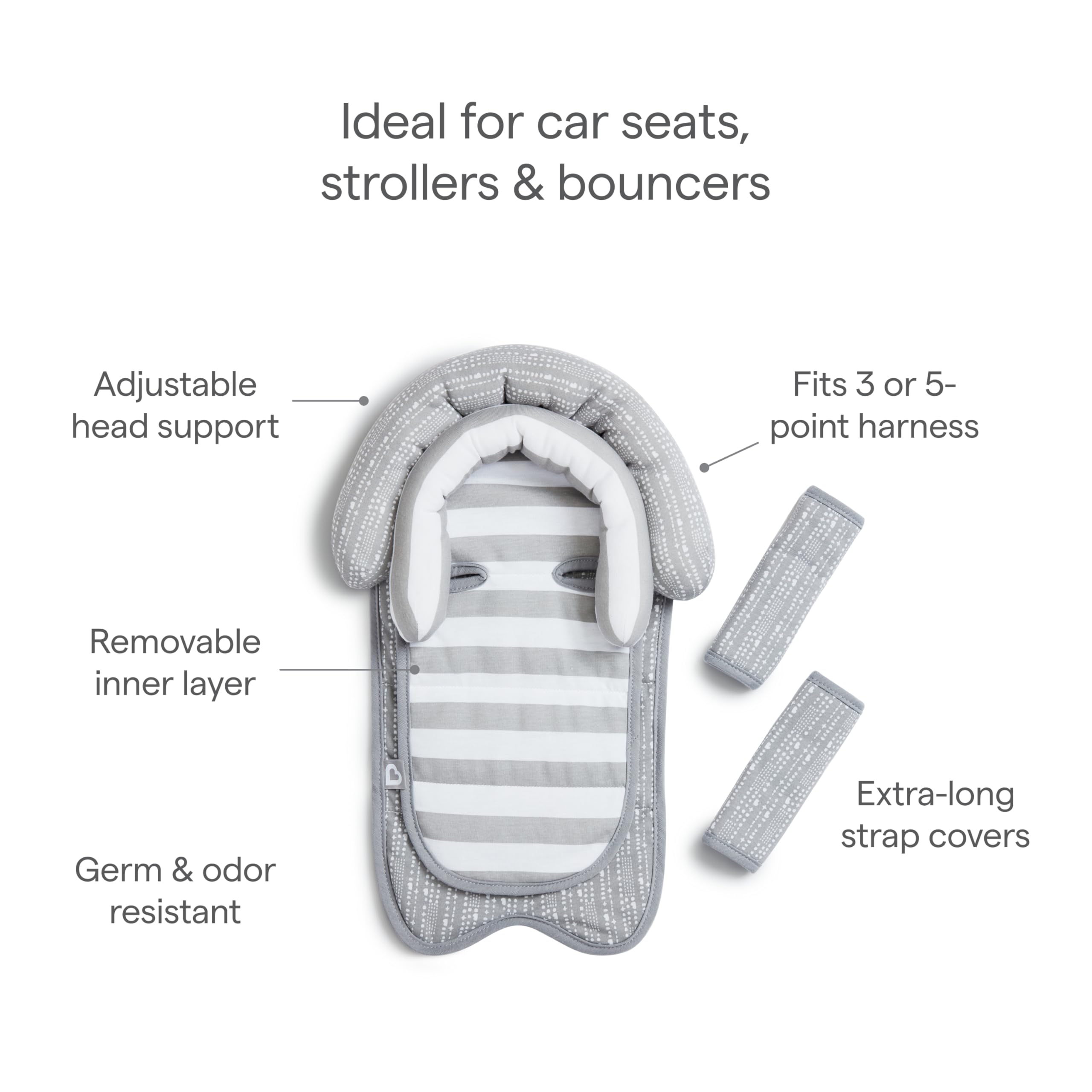 Munchkin Car Seat Head Support Baby, Infant and Newborn, Fabric Strap Covers, Silver-Ion Technology, Dots