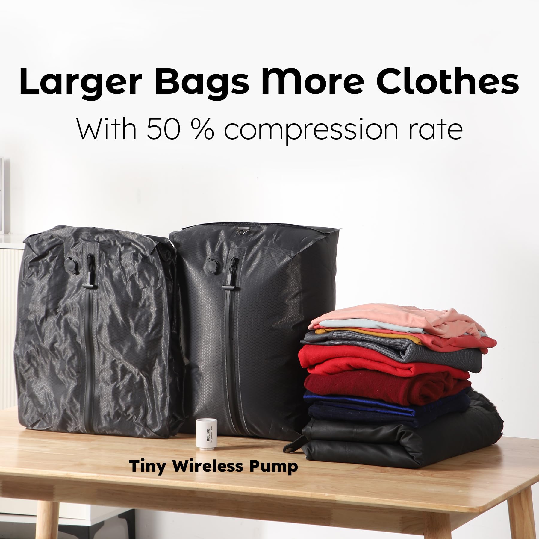 Relime Relime Classic Series Vacuum Bags for Travel Luggage with Wireless Pump, Compression Bags for Carry On Suitcases and Backpack, Vacuum Seal Packing cube for Cloth Packing (2PC + PUMP)
