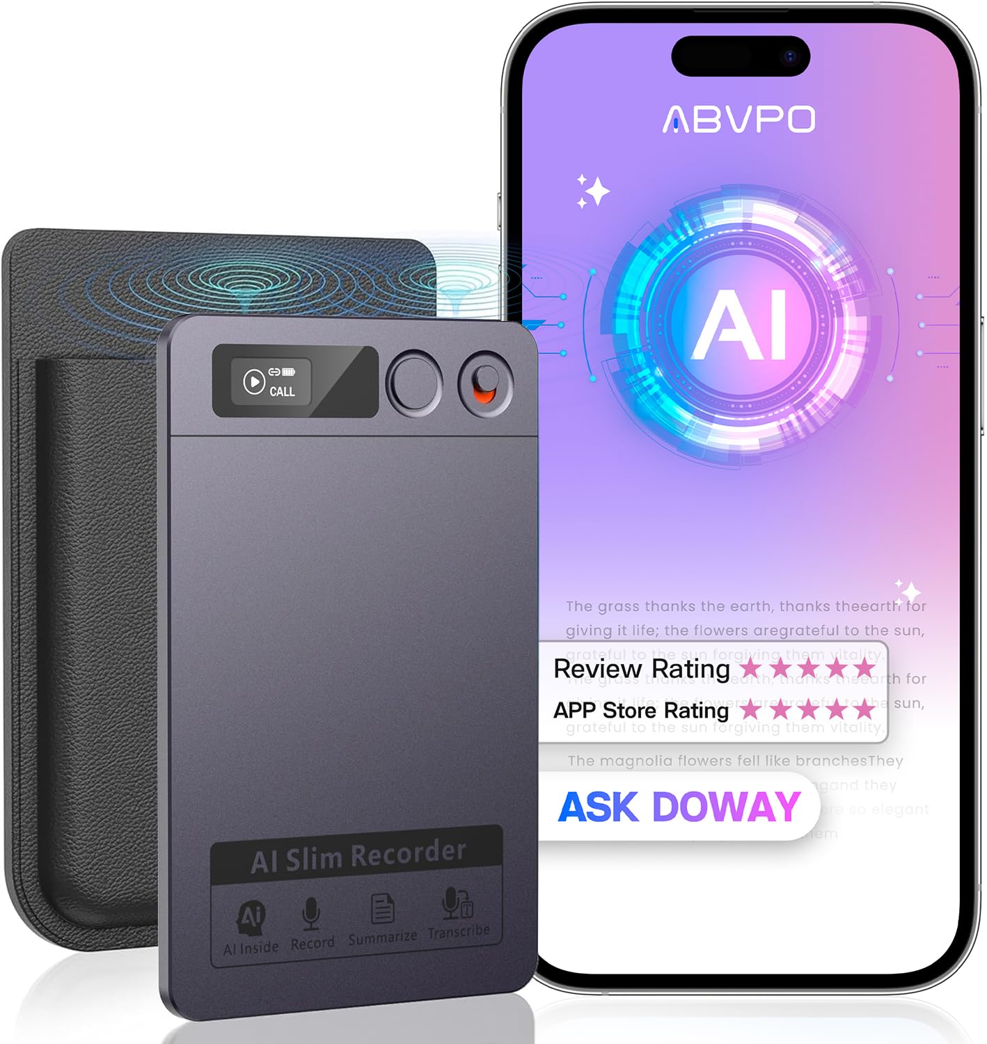 AI Voice Recorder, Note Voice Recorder Transcribe & Summarize, AI Noise Cancellation Technology, Supports 152 Languages, 64GB Memory APP Control Audio Recorder for Lectures, Meetings, Calls, Dark Gray Image