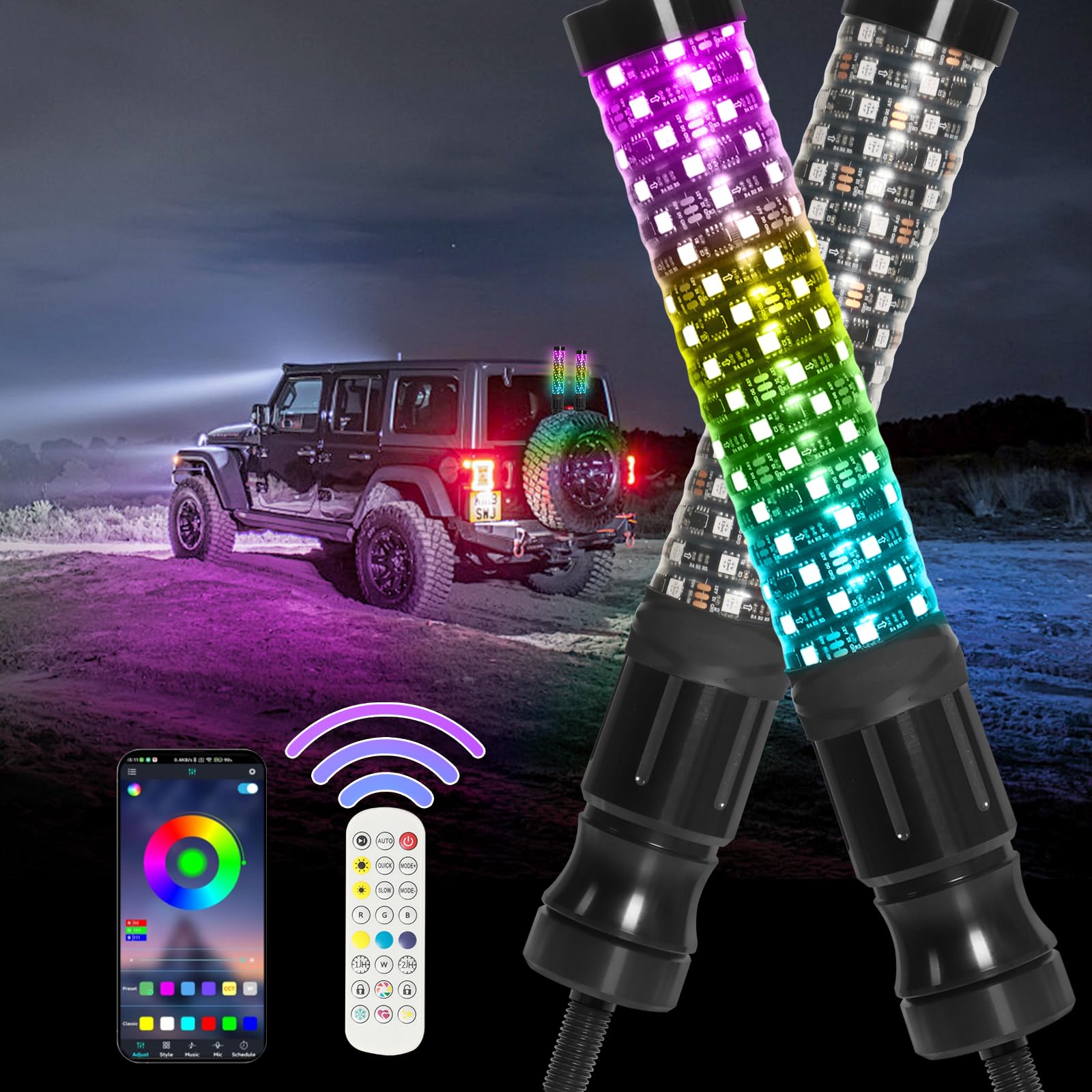 Photo 1 of 1FT Fat Whip Lights with Function-Remote&APP Control, LED Whip Side by Side for UTV ATV RZR Polaris Buggy Truck Accessories 300 Modes RF Wireless Remote Weatherproof 2PCS