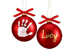 Soaoo 2 Pcs Christmas Hanging Baby Handprint Ball Ornament Kit Included Ribbon Marker 4 Inch Glass Footprint DIY Ornament Christmas Newborn Holiday Keepsake for Xmas Tree Home Decor(Red)