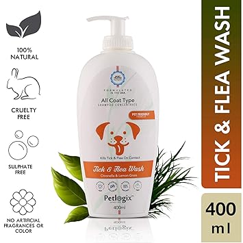 Petlogix Natural Tick & Flea Wash Shampoo Infused with Citronella & Lemongrass Anti Itch Coat Cleanser for Pet Dogs & Cats Mineral Oil, SLS & Paraben Free, 400g