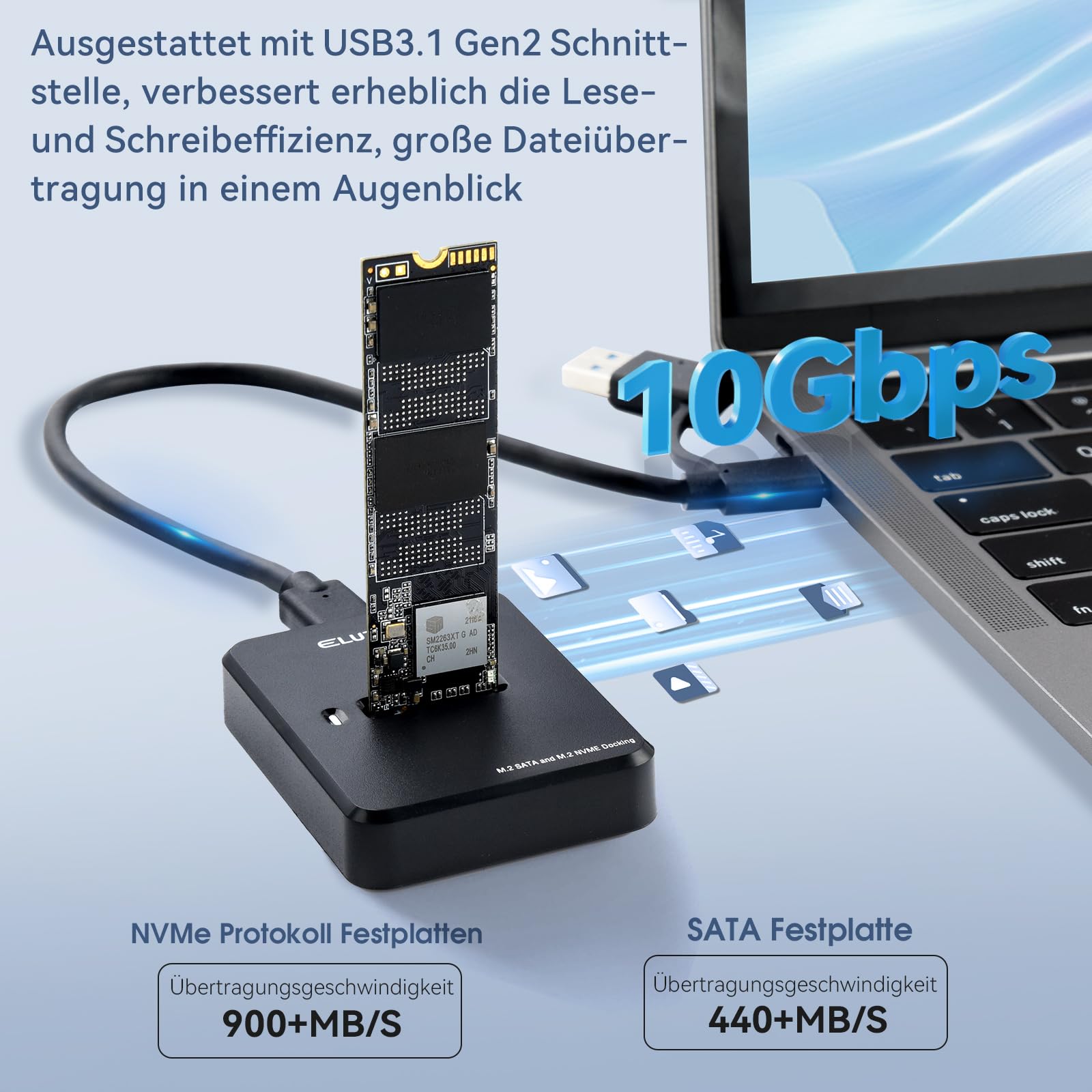 ELUTENG Festplatten Dockingstation, M.2 NVME & SATA Docking Station, 10Gbps M2 SSD auf USB Gehäuse für M-Key B+M Key, Duales Protokoll Adapter für 2230 2242 2260 2280 SSD mit Anti-Rutsch-Pads 4