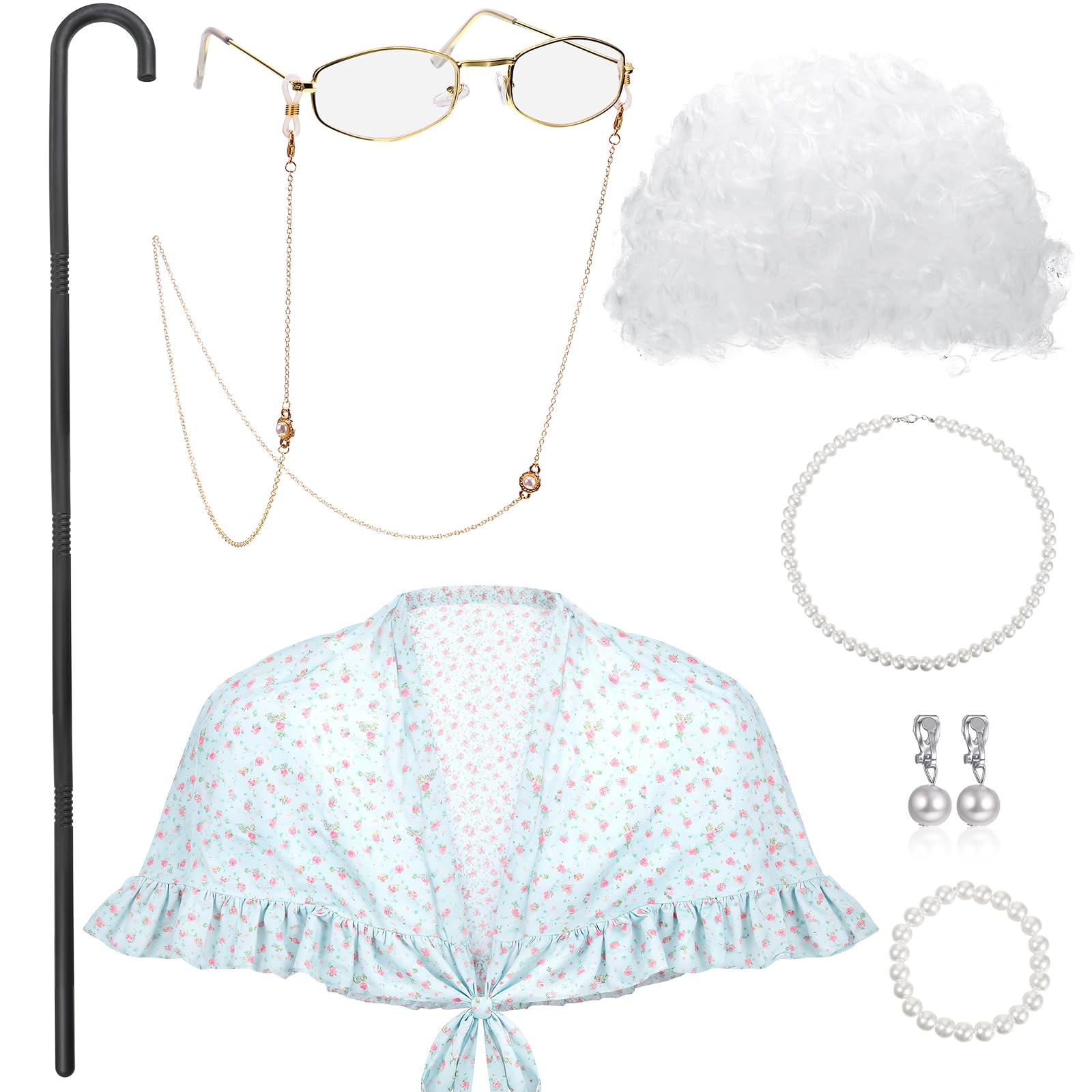 BBTO Old Lady Costume Granny Wig Grandma Shawl Inflatable Cane Frame Glasses with Chain Faux Pearl Necklace Bracelet Earrings(White)