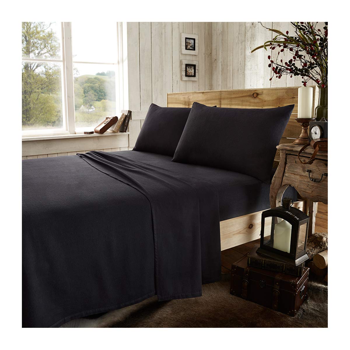 Gaveno Cavailia Luxury Brushed 100% Cotton Plain Dyed Flannel Flat Sheet, [ Single - Black ]
