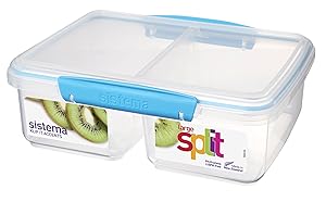 Sistema 2 Litre Polypropylene Split Food Storage with Lime/ Aqua/ Purple/ White Clips and Seals in Transparent Plastic