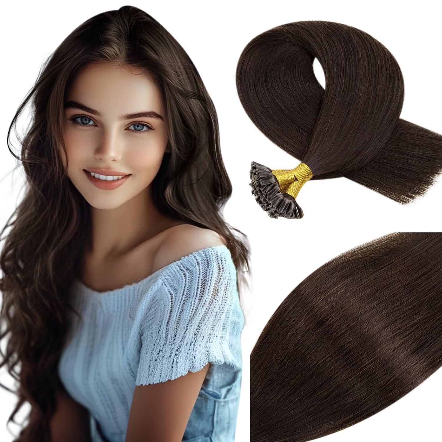 Vivien U tip Hair Extensions Human Hair Darkest Brown U Tips Human Hair Extensions Hot Fusions Nail Tip Hair Extensions Remy Human Hair Brown 50g/50s 16 Inch #2 — image 1