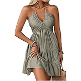 SOLY HUX Women's Summer Mini Dress Halter Backless Sleeveless A Line Ruffle Hem Flowy Cami Dresses Sundress