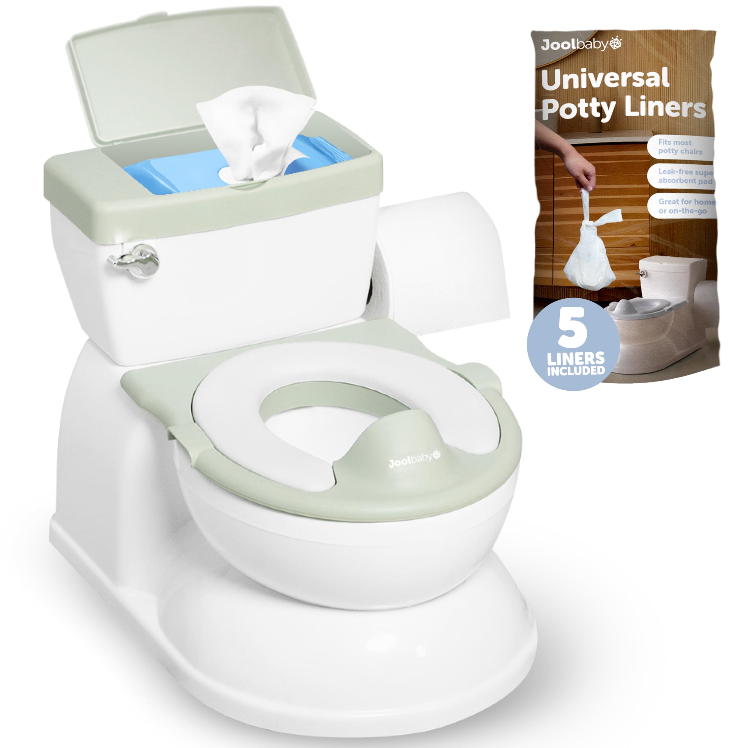Photo 1 of Real Feel 2-in-1 Potty with Wipes Storage, Flushing Sounds & Disposable Liners - Realistic Toilet - Easy to Clean & Assemble - Jool Baby (Sage)