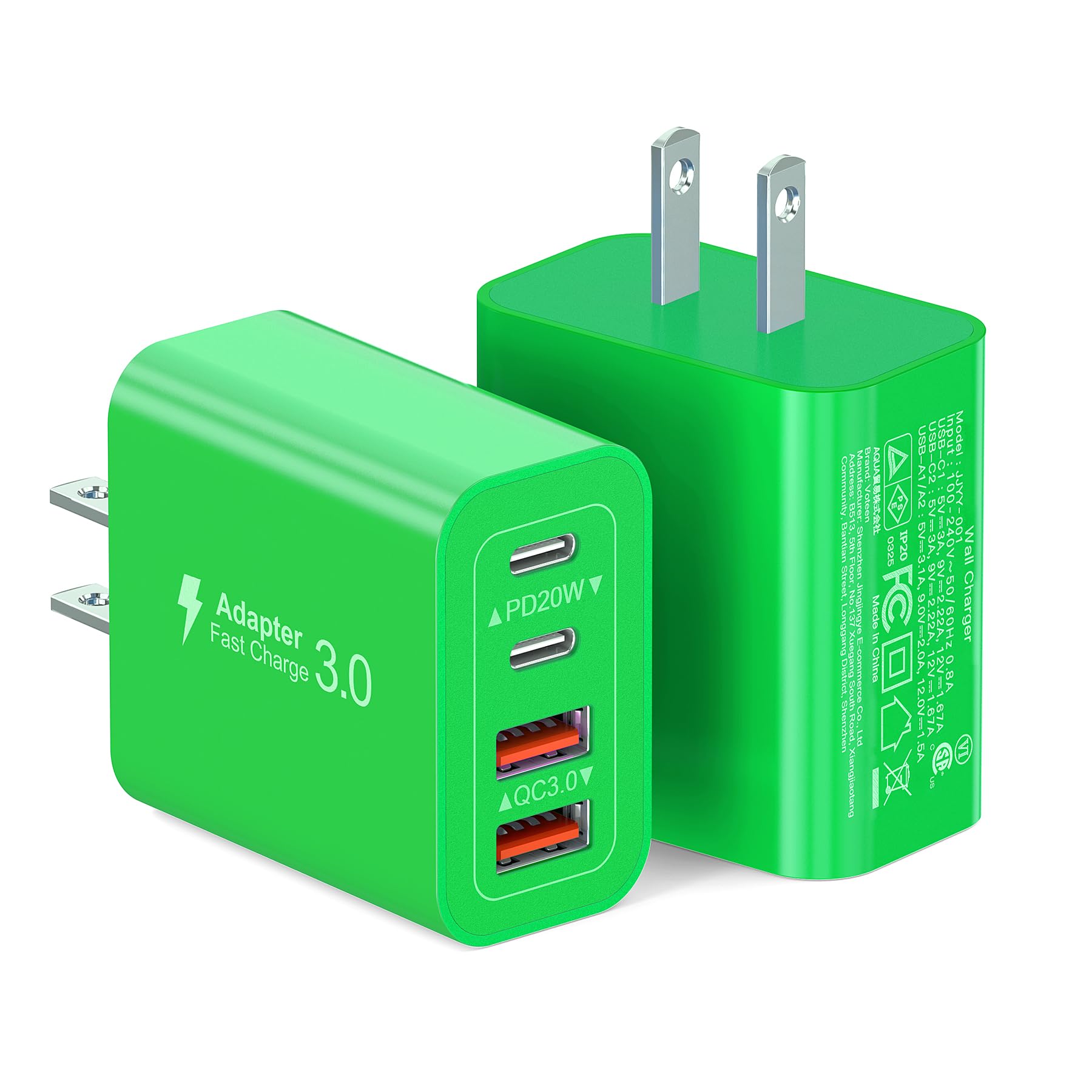 40W USB C Charger Block, 2-Pack 4-Port Type C Fast Charging Brick Dual PD&QC Wall Plug Adapter Power Brick for iPhone 13/14//15/16/17 Pro Max Plus/iPad/Airpods/iwatch/Samsung Galaxy (Green)