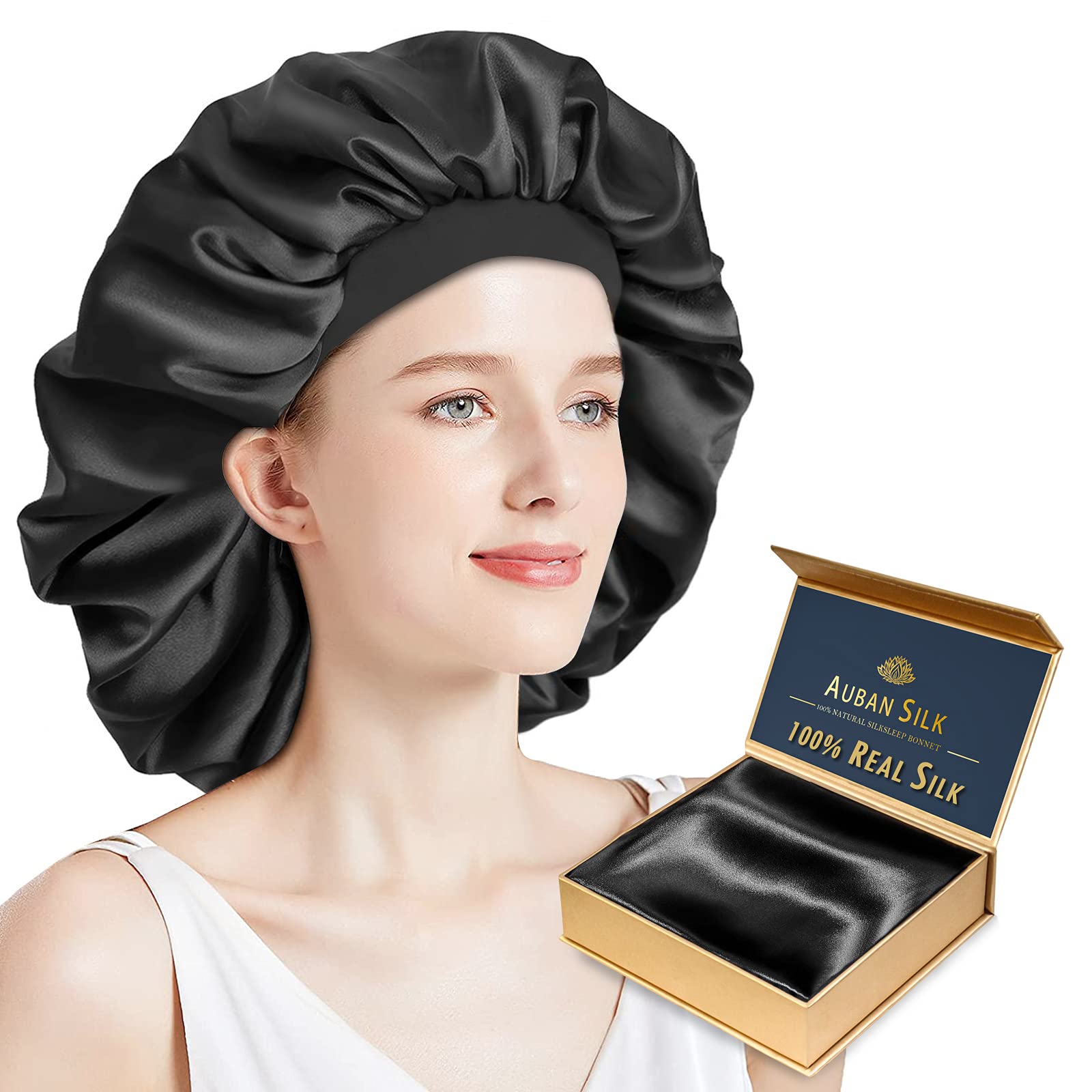 Auban Silk Bonnet Large 23 Momme Sleep Cap 100% Real Silk Hair Wrap for Sleeping No Press Elastic Band Hair Breathable for Curl and Dreadlock Night Cap Girls Gym and Makeup Black