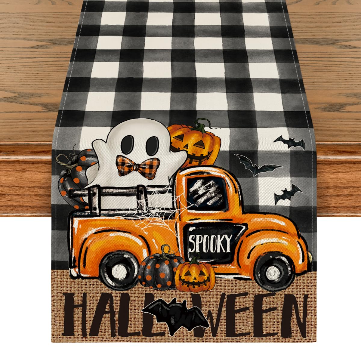Photo 1 of Artoid Mode Buffalo Plaid Bat Pumpkin Ghost Truck Spooky Halloween Table Runner, Sensonal Kitchen Dining Table Decoration for Home Party Decor 13x108 Inch