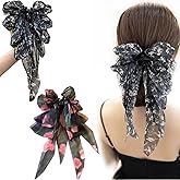 AsggBah 2pcs Bow Hair Claw Clips with Long Tail Tassel Hair Clips for French Hair Styles for Women Girls Ponytail Hair Decorations Accessories (Floral Pattern)