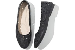 Shupua Women's Comfortable Dress Shoes Ballet Flats Slip On Shoes Black Flats Round Toe PU Leather Flats Summer with Floral Eyelets