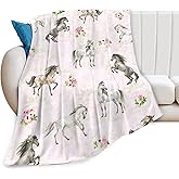 Horse Blanket Gifts for Girls Women Western Horses Flowers Animal Fleece Flannel Throw Blankets Soft Lightweight Horse Plush Stuff Pink Throws for Kids Adults Bed Sofa Decor 50"x40"