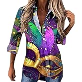 WYTong Mardi Gras Shirts for Women Fancy Mask Printed 3/4 Sleeve Blouse Button Down V Neck Carnival Themed Outfit Top