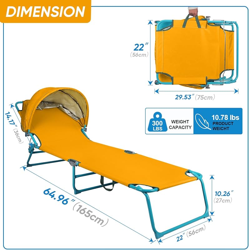 Confezione da 2 poltrone da spiaggia con baldacchino, regolabile in 4 posizioni, sedia abbronzante pieghevole per esterni, resistente, per piscina, patio, prendere il sole, prato, UPF 50+