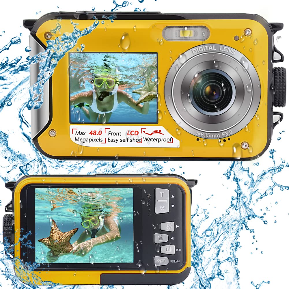 Waterproof Digital Camera Full HD 2.7K 48MP Waterproof Camera for Snorkeling Double Screen Underwater Camera with Self-Timer and 16X Digital Zoom