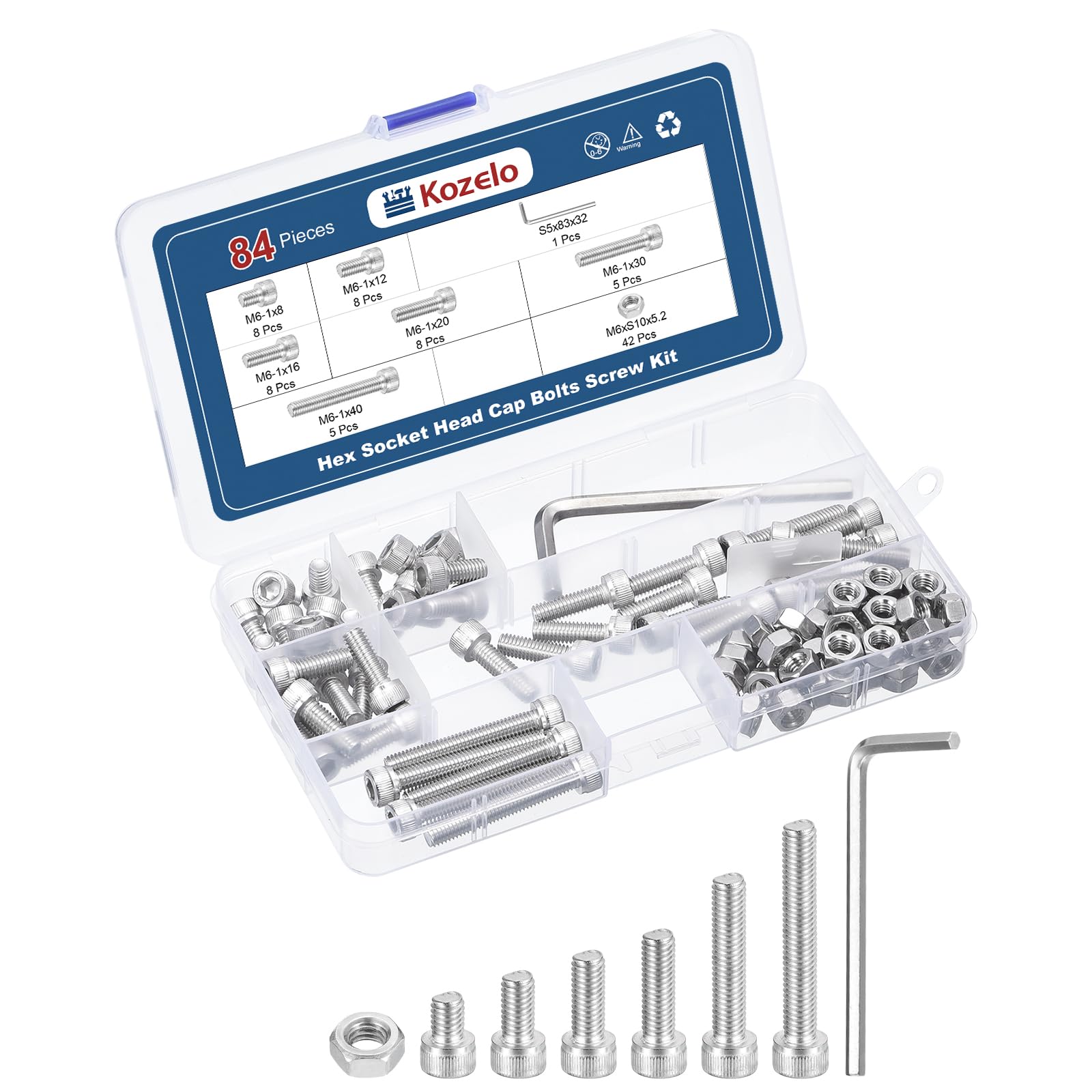 Kozelo 84pcs M6 Socket Head Cap Screws Bolts Nuts Assortment Kit - [M6x8/12/16/20/30/40mm] 304 Stainless Steel Allen Socket Drive for 3D Printer with Allen Wrench