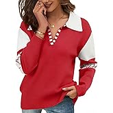 ANCAPELION V Neck Sweaters for Women Long Sleeve Colorblock Striped Knitted Pullover Fall Loose 2025 Trendy Jumper Tops