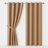 AMEHA Eyelet Blackout Curtains 66x90 Inch Beige 2 Panels Tiebacks