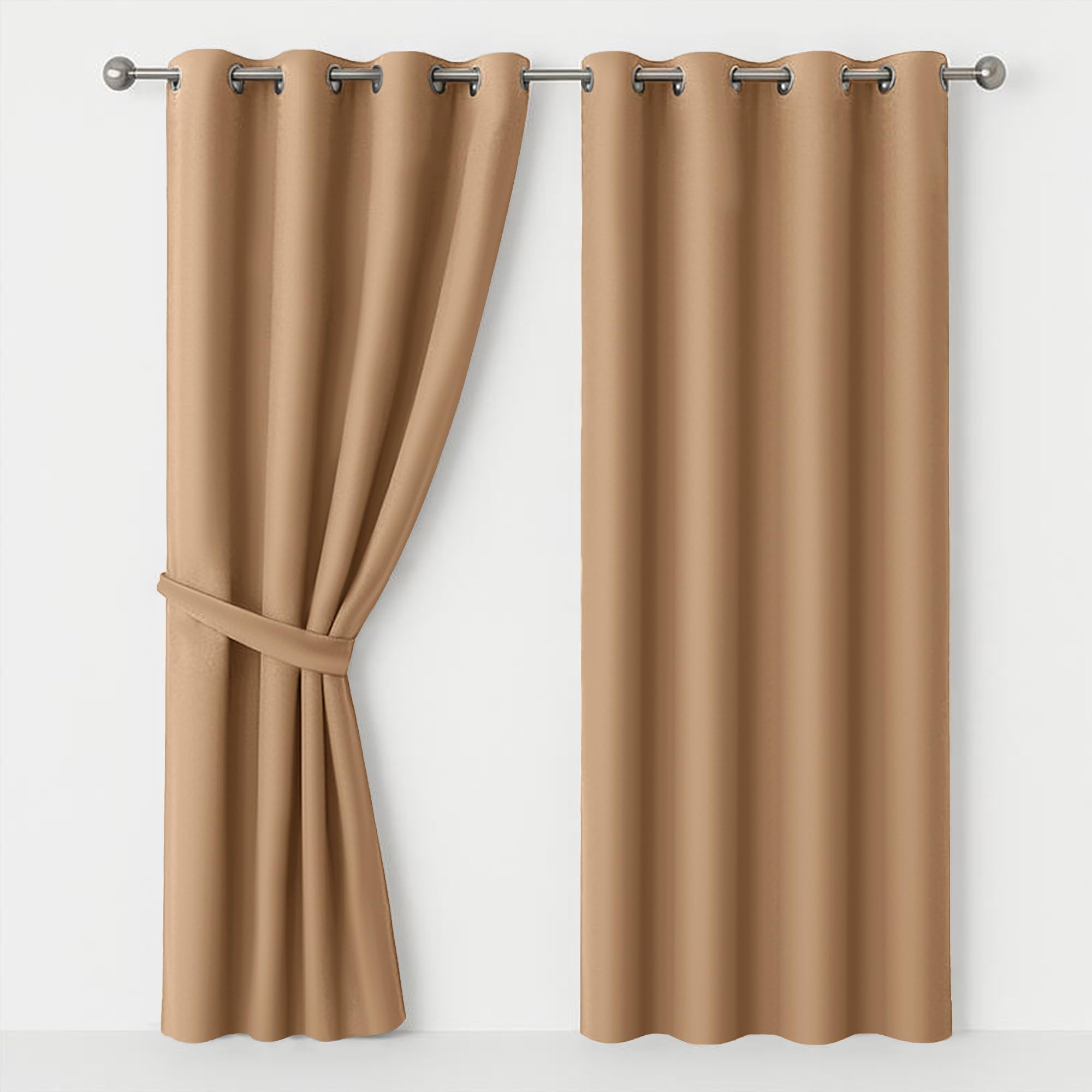 AMEHA Blackout Curtains Eyelet for Living Room Beige Curtains Bedroom 66x72 Inch Soft Luxury Ring Top Curtain Pair Panels with Tiebacks