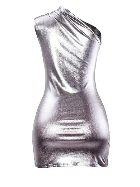 SOLY HUX WOMEN’S ONE SHOULDER METALLIC BODYCON MINI DRESS SLEEVELESS SEXY CLUB PARTY TANK DRESSES PLAIN SILVER L