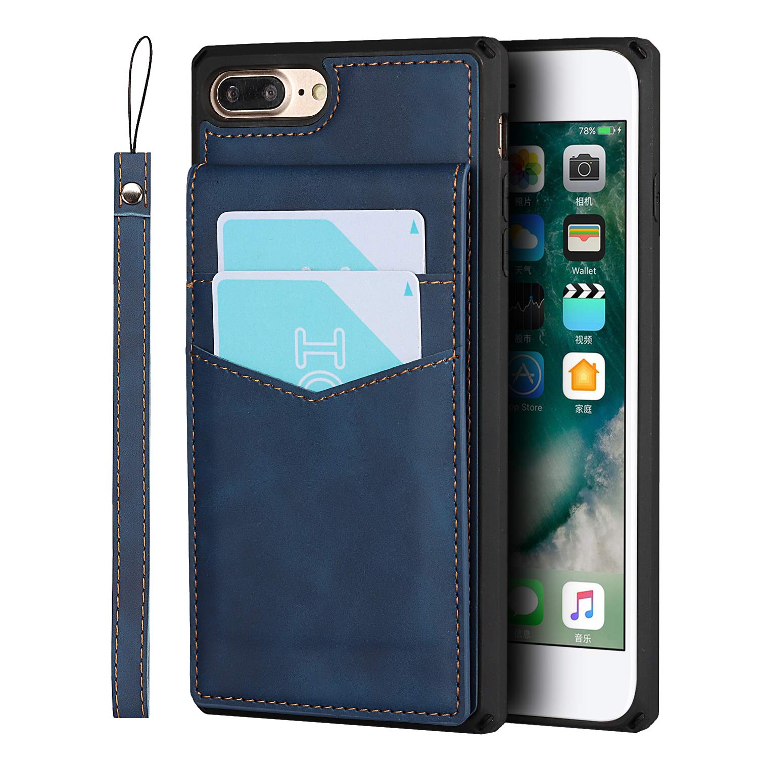 UEEBAI Wallet Case for iPhone 7 Plus iPhone 8 Plus, Premium Skin Feel Vintage PU Leather Case Back Wallet Kickstand Cover Card Slots Wrist Strap Magnetic Clasp Shockproof TPU Cover - Blue