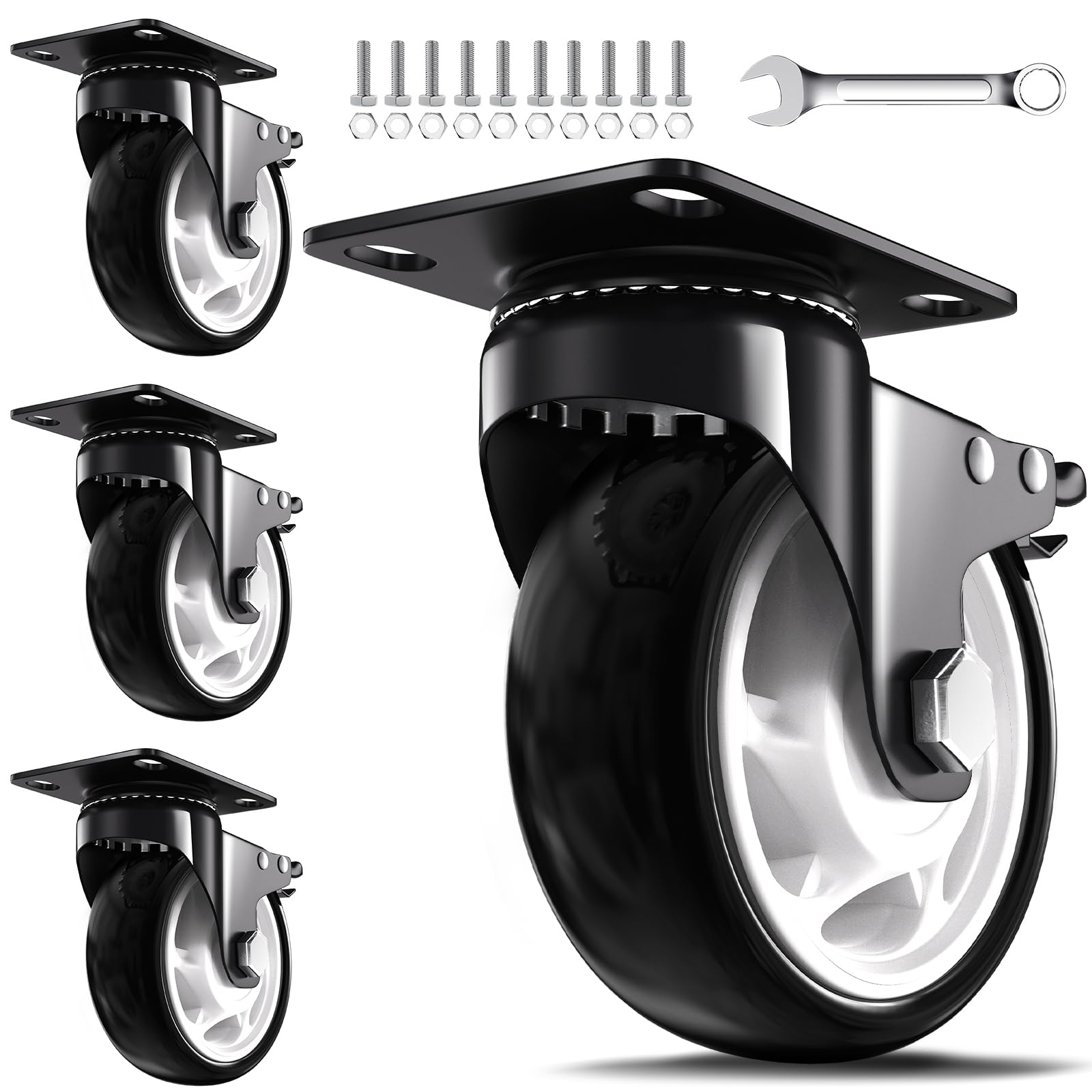Photo 1 of 5 Inch Heavy Duty Casters, 2600lbs Capacity (Set of 4) - Industrial Swivel Caster Wheels with Brakes for Workbenches, Carts & Furniture - Floor Protecting & Quiet Roll