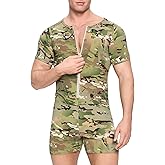 Landofgenie Onesie for Men Cotton Short Sleeve Camouflage Pajama Jumpsuits One Piece Printed Romper Bodysuit Zipper Up