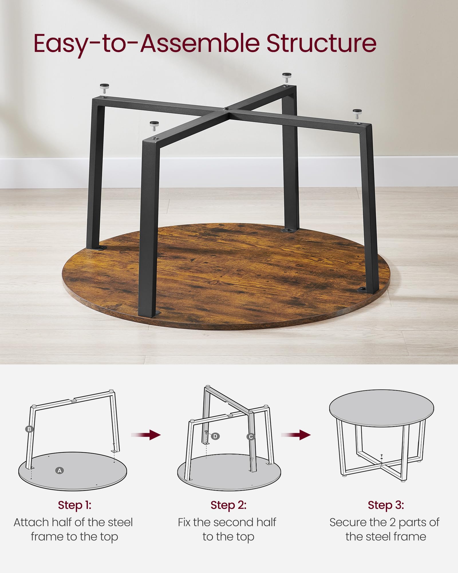 VASAGLE ALINRU Round Coffee Table, Industrial Style Cocktail Table, Durable Metal Frame, Easy to Assemble, for Living Room, Rustic Brown ULCT88X 39.4 x 21.7 x 17.7 Inches