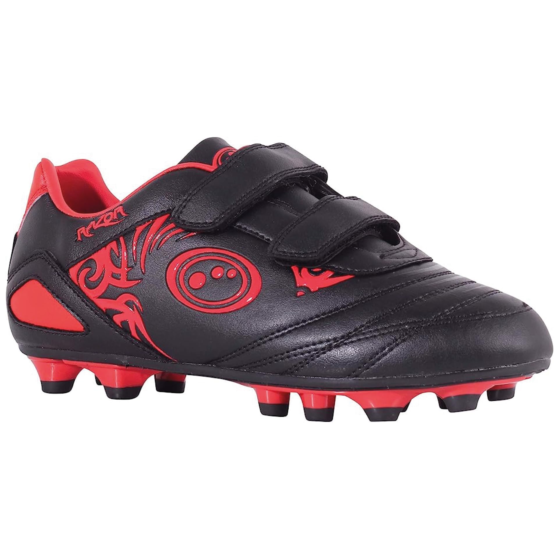 Optimum Razor Football Boots - Flat Moulded Stud Outsole, Easy Fastening Trainers - PU Leather, Flexible & Comfortable Fit Football Boots -(Black/Red), 5 UK